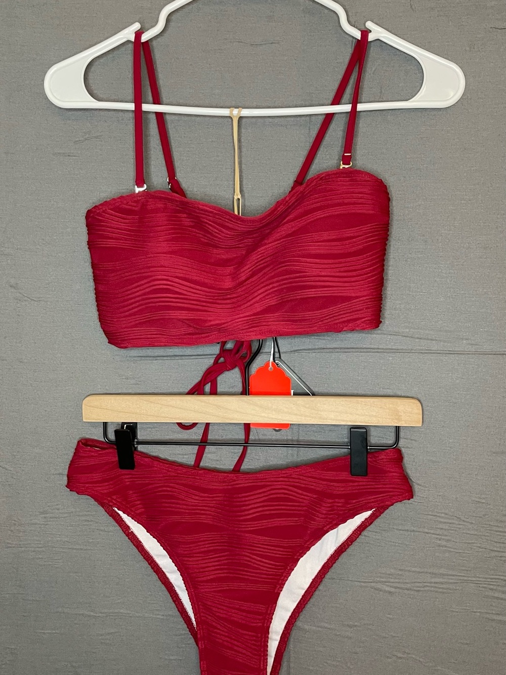Zaful Bikini Set NWT Size S Maroon Red Textured Wave Lace Up Back 2 Piece